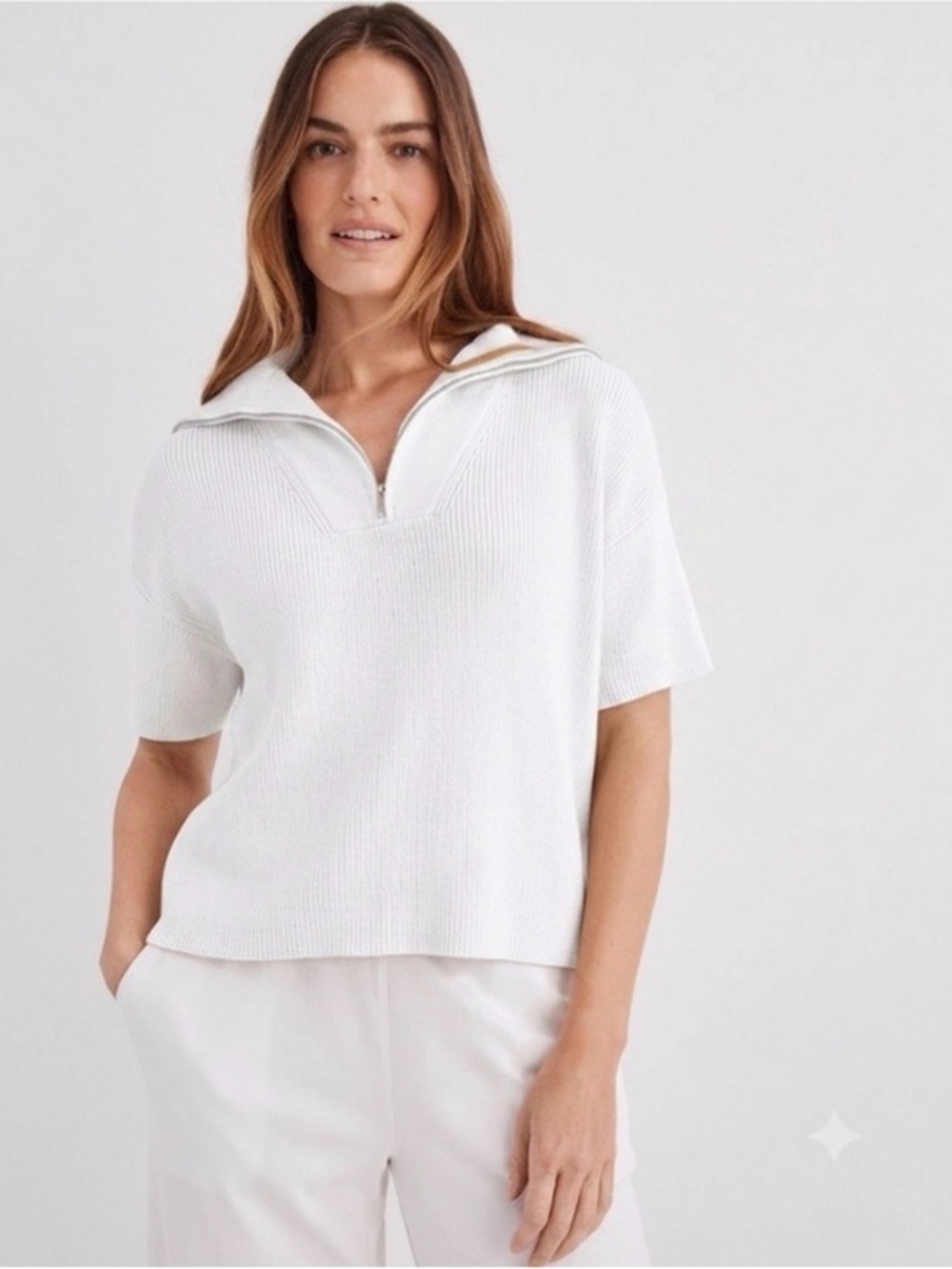 Haven Well Within Small White Cotton Knit 1/2 Zip Short Sleeve Sweater Top S